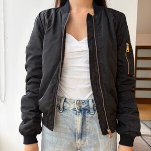 Semi Cropped Black Bomber Jacket